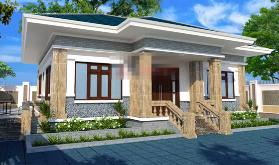 Nét sang trọng được tạo ra bằng cách ốp đá hoa cương cho hệ thống cột và toàn bộ mặt tiền. Ảnh: Angcovat.