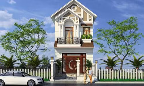 Mẫu nhà phố 2 tầng kiểu dáng biệt thự, có sân rộng rãi để xe, 4 phòng ngủ. Ảnh: Thietkenhadepaau.