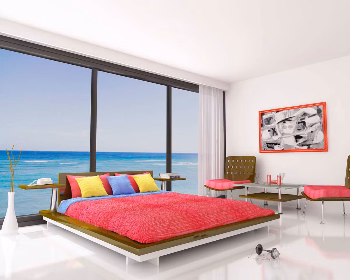 Giường ngủ đậm chất mùa hè trong căn phòng cạnh bãi biển xanh mát. Ảnh: Housebeatiful.