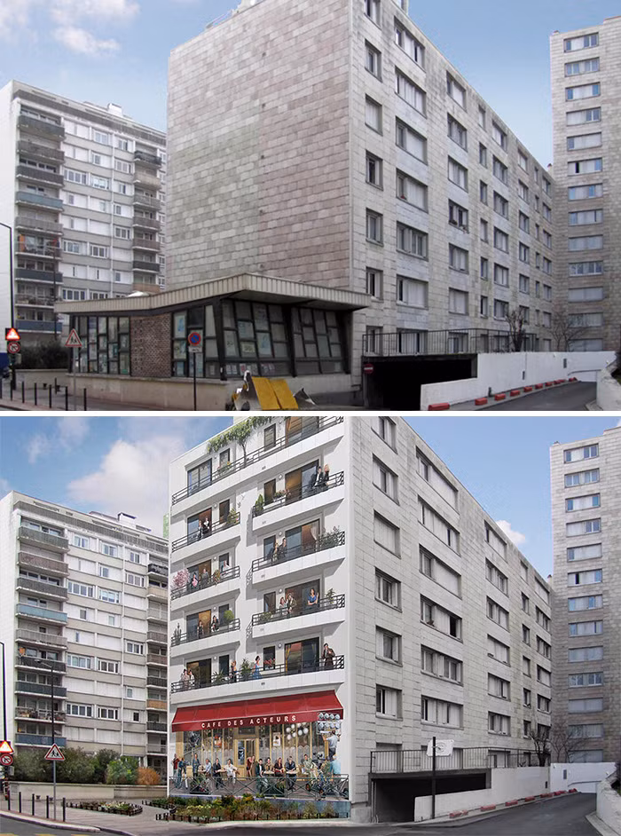 Tường bên hông của tòa nhà ấn tượng hơn khi có thêm những ô cửa và ban công nhiều cây xanh.