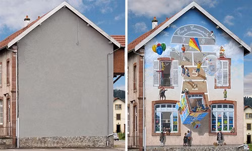 Ảnh sống động về trẻ em vui chơi cũng là ý tưởng giúp những bức tường mặt tiền bớt đi sự nhàm chán. Nguồn ảnh: Boredpanda.