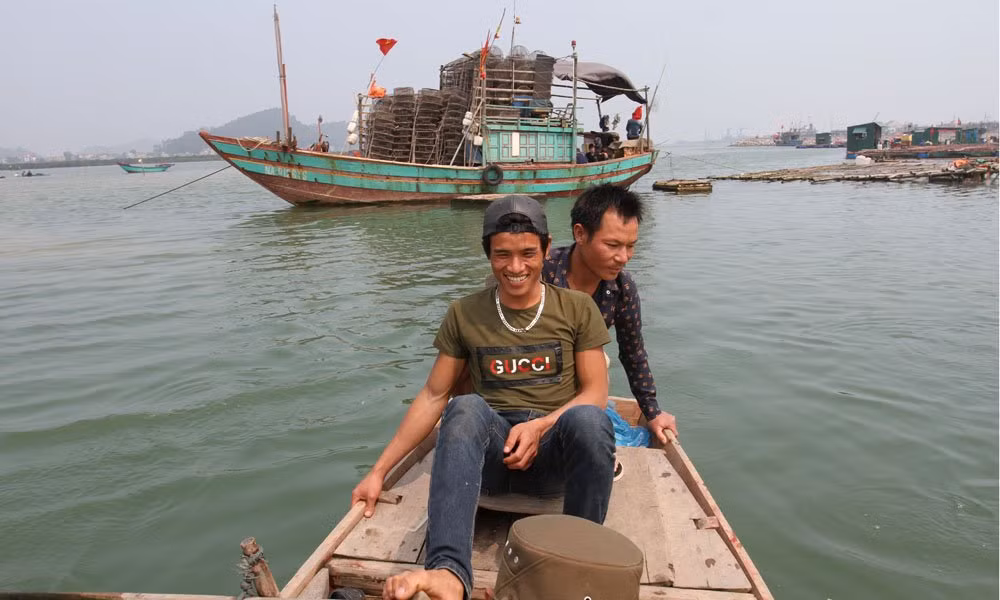 Thấy mọi người tò mò, anh Sự nhiệt tình chèo thuyền nhỏ từ ngoài cửa sông vào chở ra xem theo từng nhóm 3-5 người. Ai cũng trầm trồ trước màu sắc vàng óng chủ đạo của con cá. Vây cá màu đỏ nhạt, bụng cá màu trắng, lưng cá vàng ươm như nghệ.