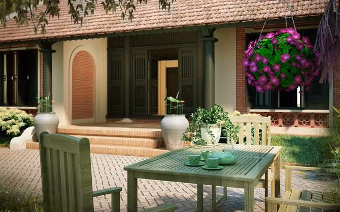 Bàn trà nhỏ phía sân vườn là không gian thư giãn lý tưởng sau những giờ làm việc căng thằng. Ảnh: Tapchiquehuong.