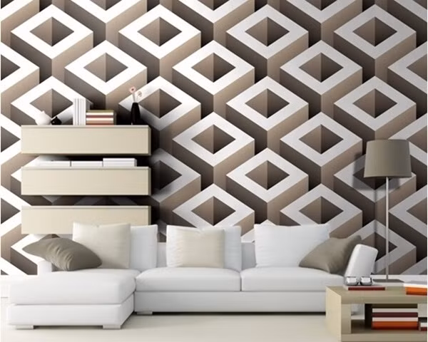 Với giấy dán tường vật liệu 3D, bạn có thể kết hợp với nội thất màu sắc tươi sáng. Ảnh: Houzz.