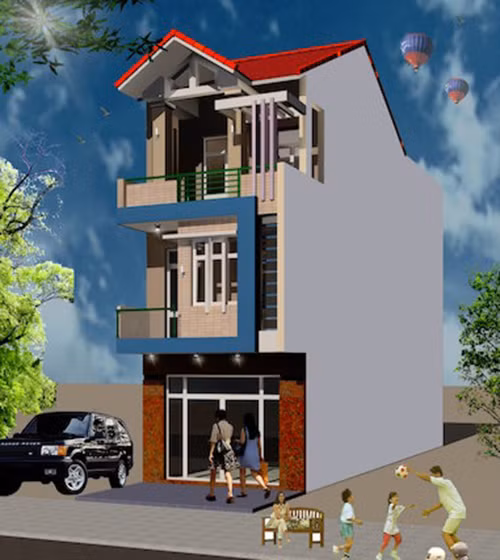 Nhà 3 tầng mái thái nổi bật với sự kết hợp đa sắc màu. Ảnh: Kientrucsuvietnam.