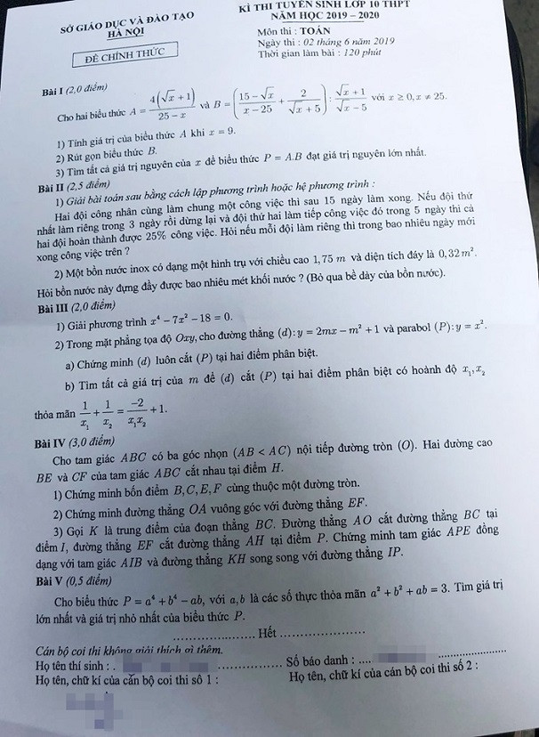 De thi, dap an mon Toan vao lop 10 o Ha Noi