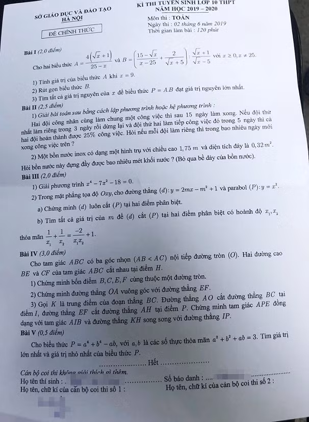 De thi, dap an mon Toan vao lop 10 o Ha Noi