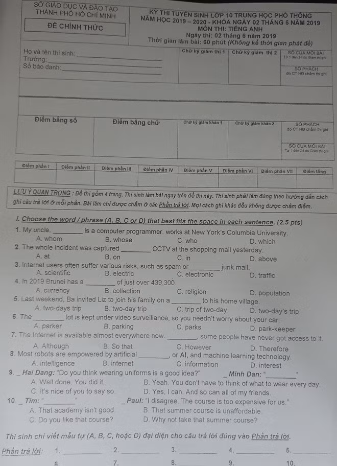 De thi, dap an mon Tieng Anh vao lop 10 TP HCM