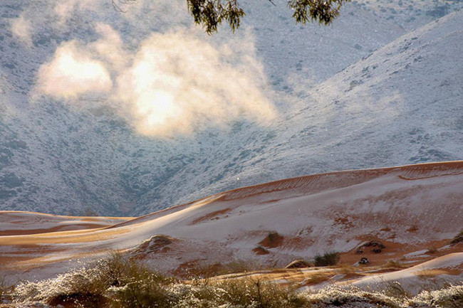 Lần đầu tiên cư dân Ain Sefra, Algeria chứng kiến sa mạc nóng bỏng lại có tuyết rơi và đóng thành băng.