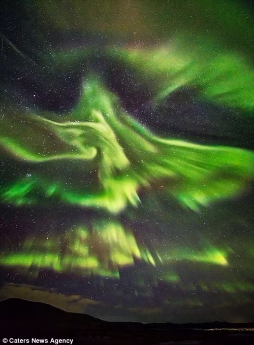 Hình ảnh cực quang độc lạ, đẹp tuyệt mỹ này không chỉ khiến nhiều người kinh ngạc mà còn gây ấn tượng mạnh với các nhà chiêm tinh ở Kaldarsel, Iceland bởi trong nhiều truyền thuyết, phượng hoàng là linh vật tối cao, một huyền thoại nhiều người tin phục.