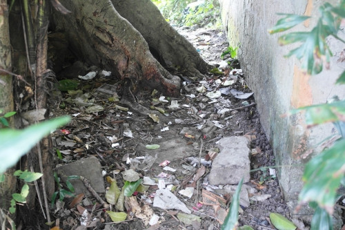 Khuôn viên đình làng đầy rẫy... bao cao su đã qua sử dụng. Ảnh: Kông Thành.