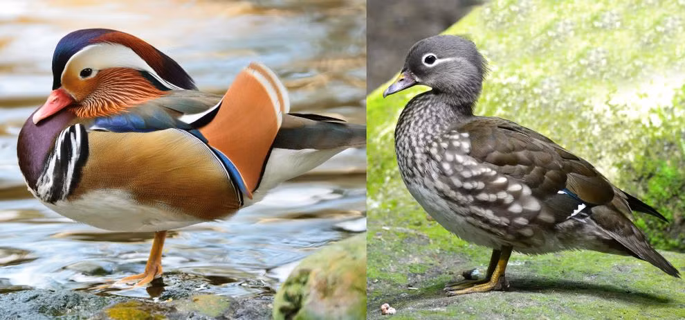 7. Vịt Mandarin, qua hình ảnh có thể thấy loài vịt này là sự hiện thị rõ ràng nhất sự dị hình giới tính hay dị hình lưỡng tính. Trong khi con cái có bộ lông màu xám nâu điểm những chấm trắng đơn giản thì có đực thực sự vô cùng đỏm dáng với bộ lông được phối màu đẹp tuyệt mỹ.