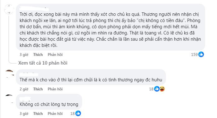Ở phần bình luận, không ít người đã để lại bình luận chỉ trích vị khách nói trên: "Không phải tự nhiên mà khách sạn trước từ chối chị", "thương người, người báo hại", "không phải cứ già là đáng kính, cứ tàn tật là đáng thương".