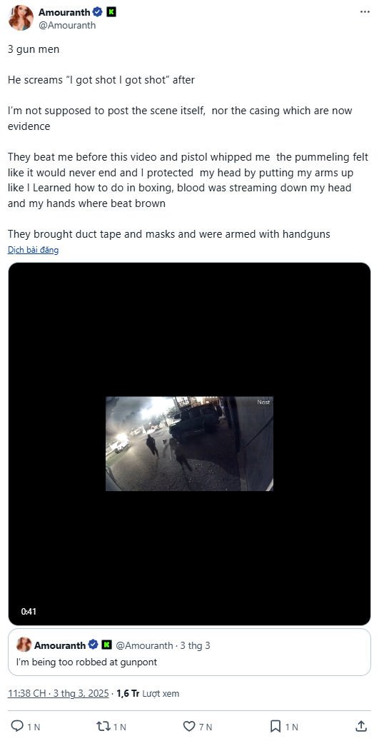 Theo đó, nữ streamer sexy bậc nhất thế giới đăng tải lên X cá nhân cho biết cô vừa bị một nhóm cướp tấn công và thậm chí nhóm này còn có cả vũ khí.