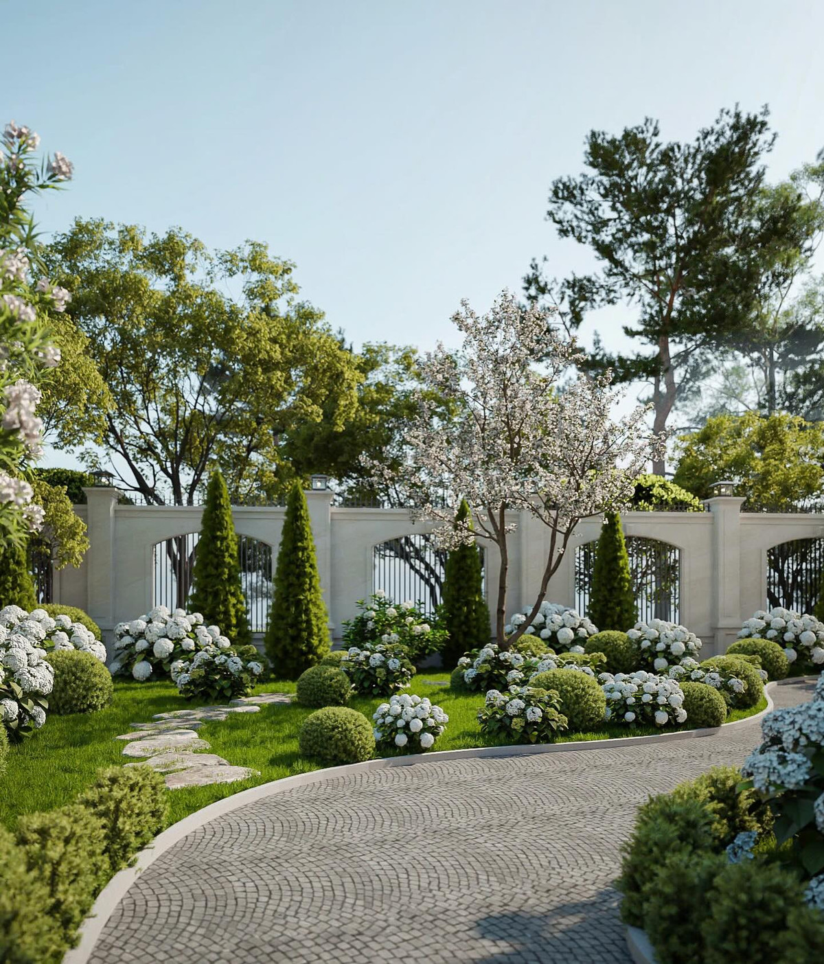 Sân vườn cũng được thiết kế tỉ mỉ với những lối đi lát đá uốn lượn, tiểu cảnh xanh mát cùng hoa cỏ được cắt tỉa gọn gàng, mang đến không gian thư thái.