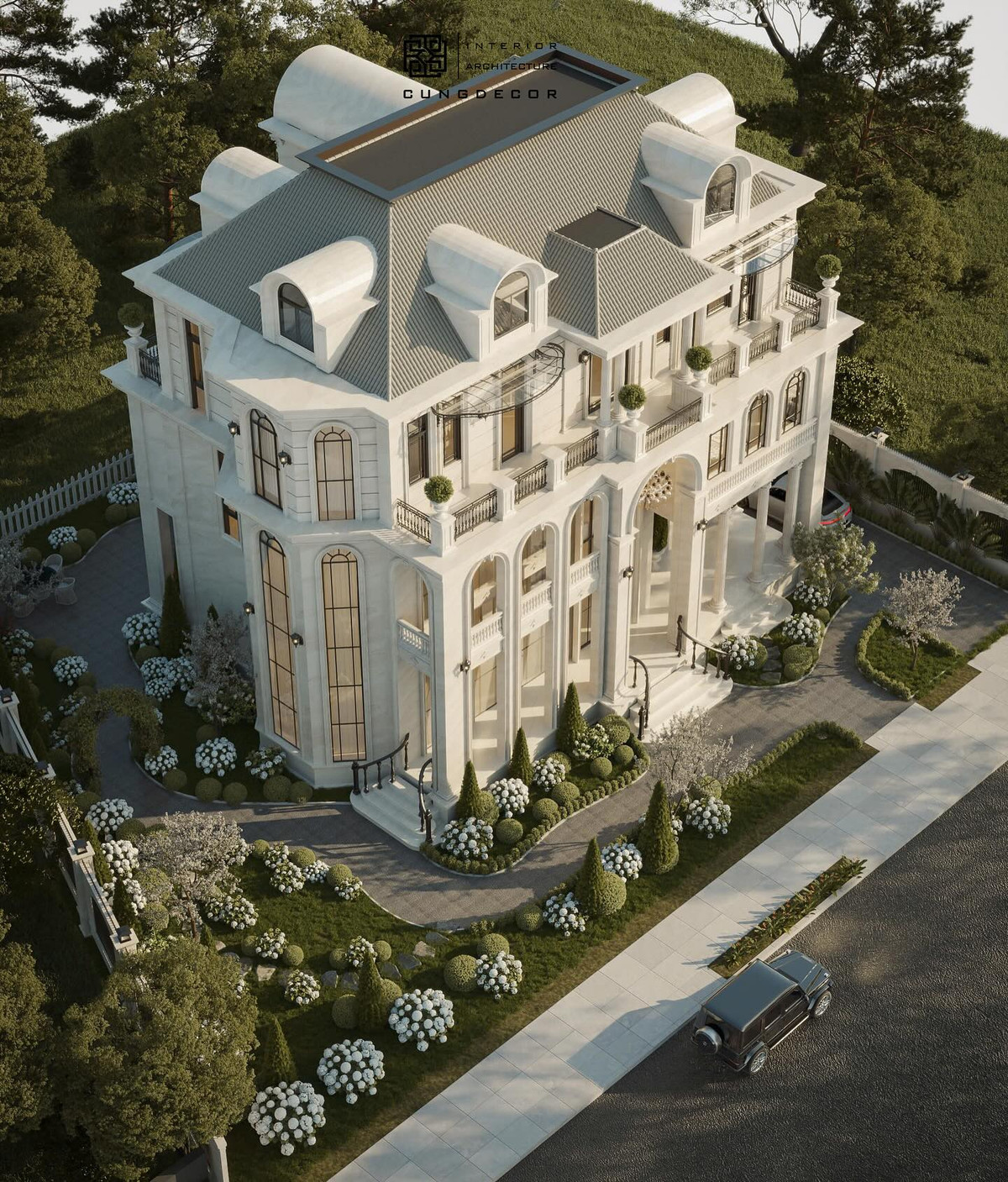 Theo những hình ảnh thiết kế được chia sẻ, căn biệt thự mang đậm phong cách châu Âu cổ điển, thể hiện sự đẳng cấp và tinh tế trong từng đường nét.