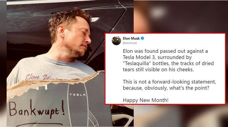 Tỷ phú Elon Musk từng đăng bài viết với "trò đùa như thật" vào ngày cá tháng tư, thông báo về việc công ty phá sản, trong bối cảnh hãng xe điện này gặp nhiều rắc rối về sản phẩm: “Elon được phát hiện bất tỉnh bên một chiếc Tesla Model 3, xung quanh là những chai Teslaquilla, hai bên má vẫn còn vết nước mắt đã khô."