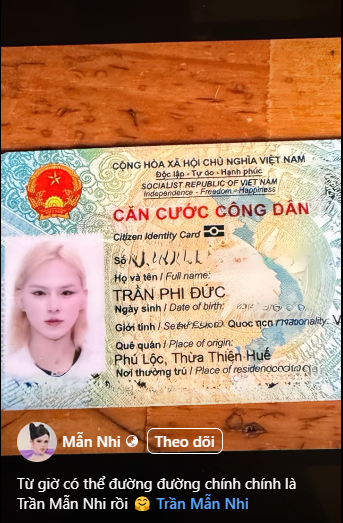 Dù đã sử dụng cái tên Trần Mẫn Nhi từ lâu, thậm chí các trang mạng xã hội đều dùng cái tên này, thế nhưng mới đây, Trần Đức Bo mới công khai đã chính thức đổi tên thành Trần Mẫn Nhi trên giấy tờ.