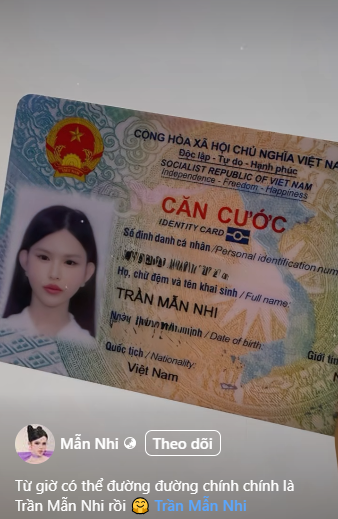 Theo đó, Trần Đức Bo đã đăng tải ảnh căn cước công dân của bản thân từ Trần Phi Đức thành Trần Mẫn Nhi.