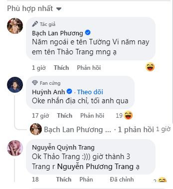 Ở phần bình luận, nữ MC cũng tiết lộ đây không phải là lần đầu tiên cô nàng vướng vào tình trạng này: "Năm ngoái em tên Tường Vi năm nay em tên Thảo Trang mọi người ạ". Chồng cô - diễn viên Huỳnh Anh cũng hài hước bình luận: "Oke nhắn địa chỉ, tối anh qua".