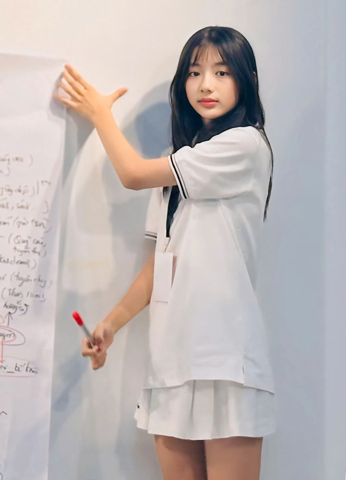 Trong bộ đồng phục thường ngày, Nam Phương lại khiến người đối diện yêu mến với vẻ đẹp nữ sinh trong veo.