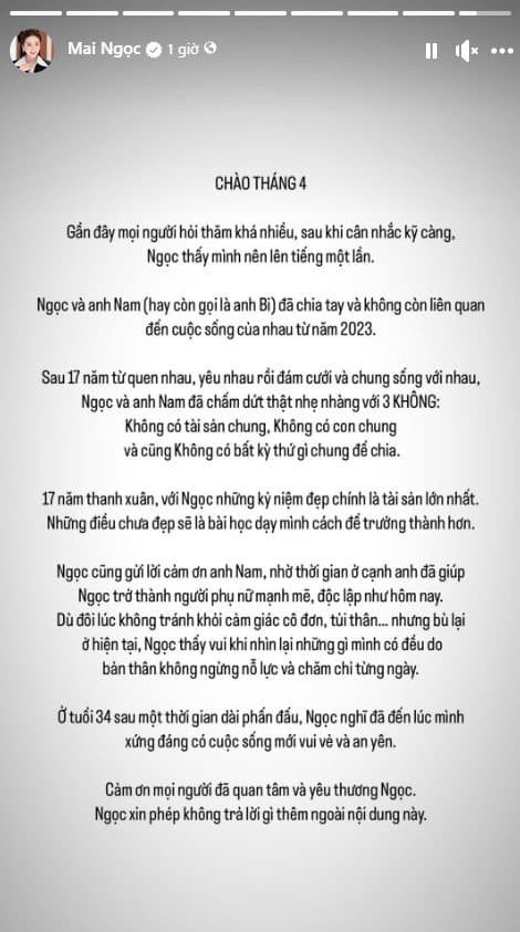 MC xinh nhất VTV viết trên trang cá nhân, cô và doanh nhân Hoài Nam đã âm thầm “đường ai nấy đi” từ năm 2023.