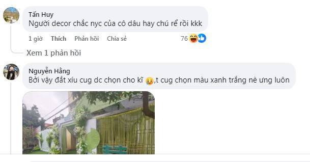 Một số người khác lại bình luận hài hước: "Người decor chắc người yêu cũ của cô dâu hay chú rể rồi", "chắc có thù oán gì với gia chủ chứ không lẽ nào ảnh 1 đằng làm một nẻo không liên quan như thế được", "đúng kiếp nạn luôn haha".