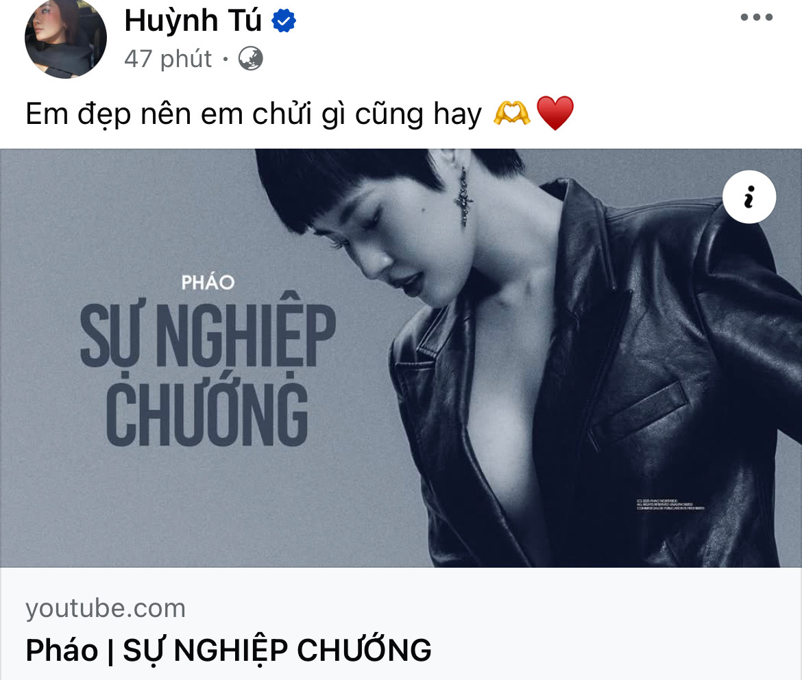 Huỳnh Tú bày tỏ cảm xúc ngay khi bài rap của Pháo được phát hành không lâu: "Em đẹp nên em chửi gì cũng hay"