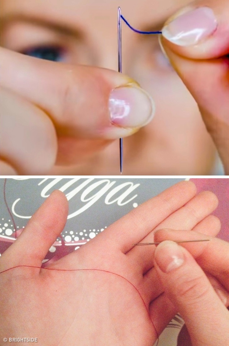 2. Xâu kim cực nhanh: Đặt chỉ vào lòng bàn tay và di chuyển cây kim, khi đó chỉ sẽ đi vào lỗ kim một cách nhanh chóng. 