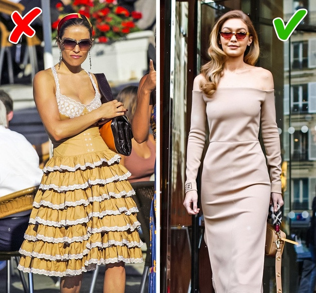 7. Trang phục diêm dúa: Những bộ trang phục đơn giản và quý phái sẽ làm bạn nổi bật hơn là những bộ đồ nhiều họa tiết vốn là xu hướng thời trang đã lỗi mốt.