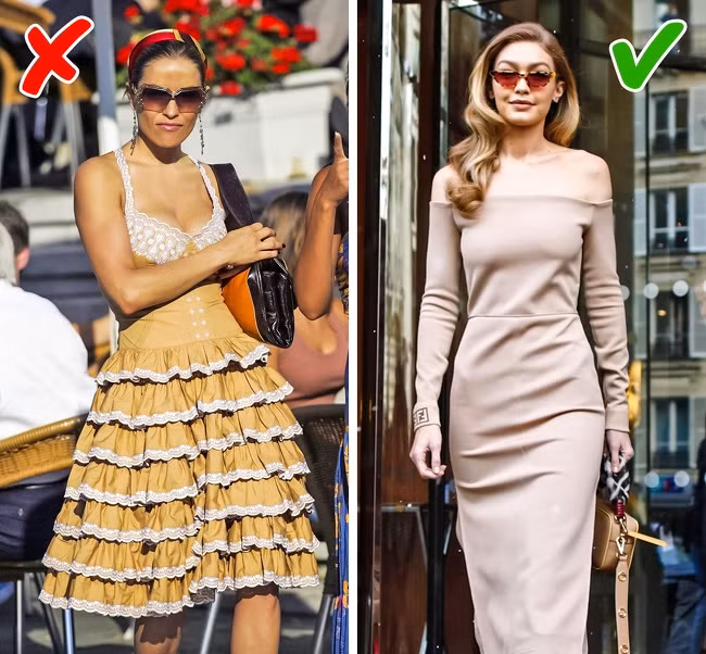 7. Trang phục diêm dúa: Những bộ trang phục đơn giản và quý phái sẽ làm bạn nổi bật hơn là những bộ đồ nhiều họa tiết vốn là xu hướng thời trang đã lỗi mốt.