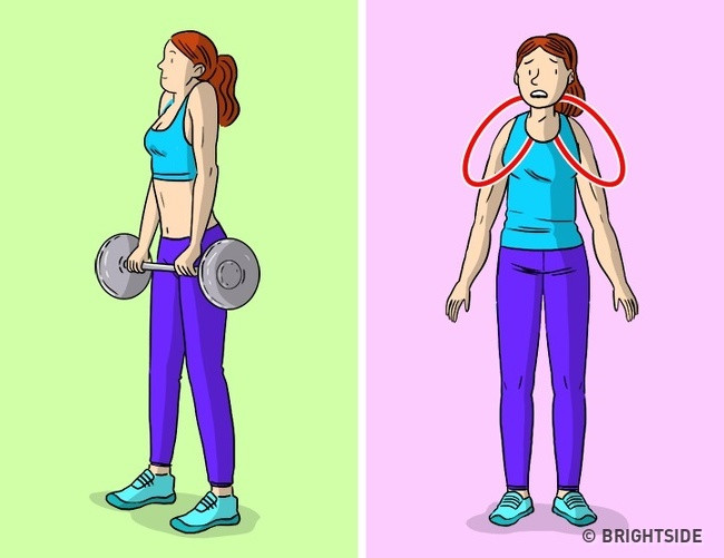 4. Nhún vai với tạ. Bài tập này có thể làm vai rộng hơn và chỉ tốt cho phái nam.