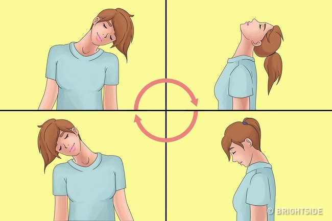 Cổ: Một trong những bài tập 10 phút mỗi ngày hiệu quả thì xoay cổ là thói quen tốt đầu tiên giúp bạn quên đi những cơn đau. Giữ thẳng lưng, nhẹ nhàng nghiêng đầu sang hai bên. Tất cả các chuyển động nên được thực hiện chậm và nhẹ nhàng. Bạn cũng có thể xoay cổ từ trái sang phải.