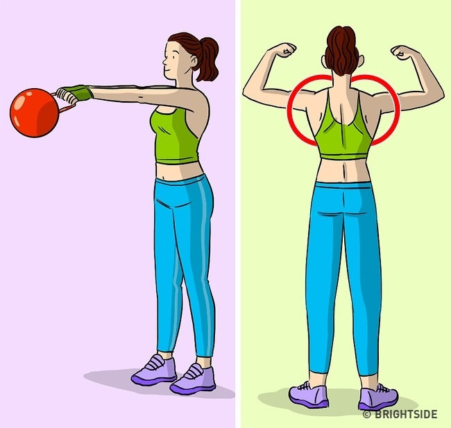 6. Nâng tạ ở phía trước: Nếu định vị sai cánh tay và không đúng cách sẽ làm cơ bắp vai to hơn.