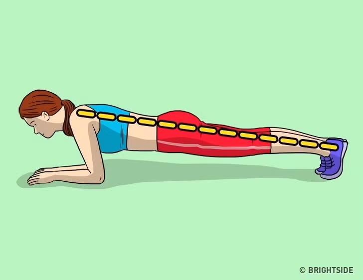 Thay thế bài tập bằng ván: Kéo cơ thể lên trên sàn nhà trên khuỷu tay và ngón chân giữ trong vài phút sẽ có được bụng phẳng.