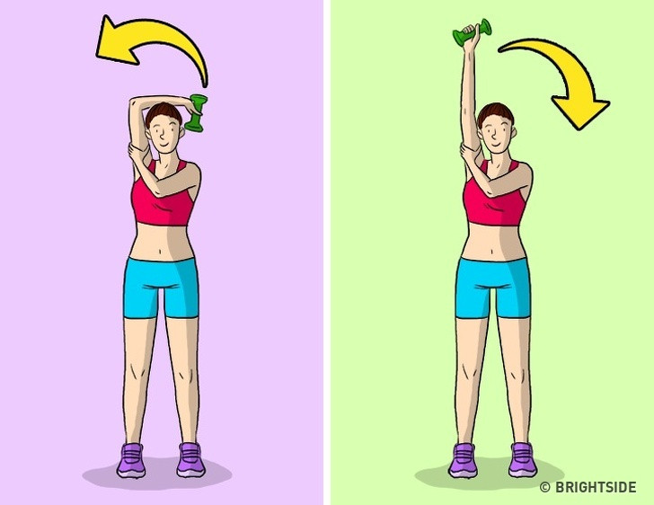 Thay thế bằng bài tập tay uốn cong: Đặt cách tay cầm tạ phía sau đầu, tay còn lại nắm vào khuỷu tay kia và uốn cong từ từ.