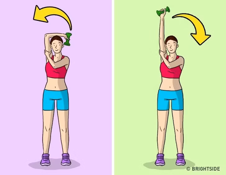 Thay thế bằng bài tập tay uốn cong: Đặt cách tay cầm tạ phía sau đầu, tay còn lại nắm vào khuỷu tay kia và uốn cong từ từ.