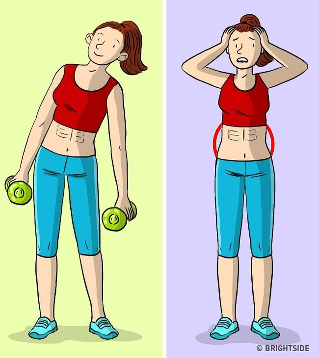 1. Uốn cong với tạ: Bài tập này không giúp cho cơ thể của bạn thêm săn chắc cơ bụng mà làm cho các cơ xung quanh phát triển làm mất cân đối vòng eo.