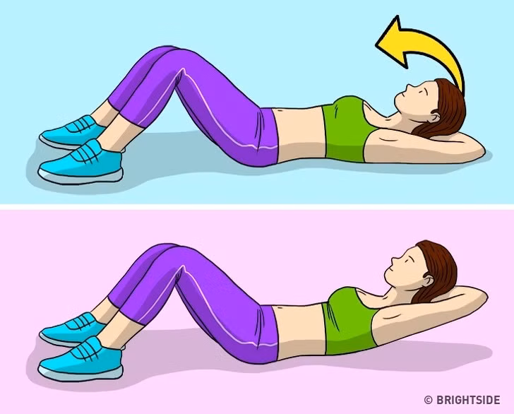 Thay thế bằng bài tập nâng đầu thẳng: Nằm trên sàn, nâng cơ thể lên từ từ, làm đến khi cơ thể của bạn cảm thấy đau nhức.