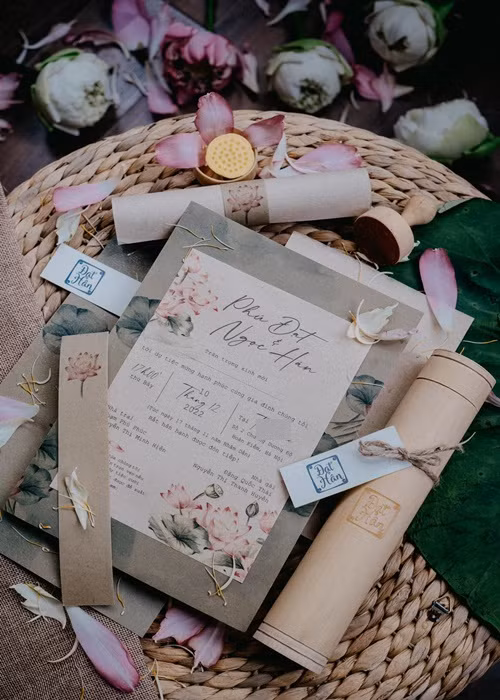 Phải qua rất nhiều lần thử nghiệm, Ngọc Hân mới tìm ra được thông số chuẩn để tiến hành in ấn hàng loạt. Ngoài ra, vì được làm toàn bộ bằng thủ công nên mỗi bộ thiệp lại có màu sắc, đậm nhạt khác nhau. Đến chiếc nơ thắt vào thiệp cũng mang những nét riêng. Theo Ngọc Hân, giấy dó, ống tre đều là những vật liệu thân thiện môi trường nên đây cũng là lý do cô ưu ái lựa chọn. Sau khi nhận thiệp, khách mời có thể dùng ống tre để đựng trà hay cho trẻ nhỏ đựng kẹo. Ảnh: FBNV