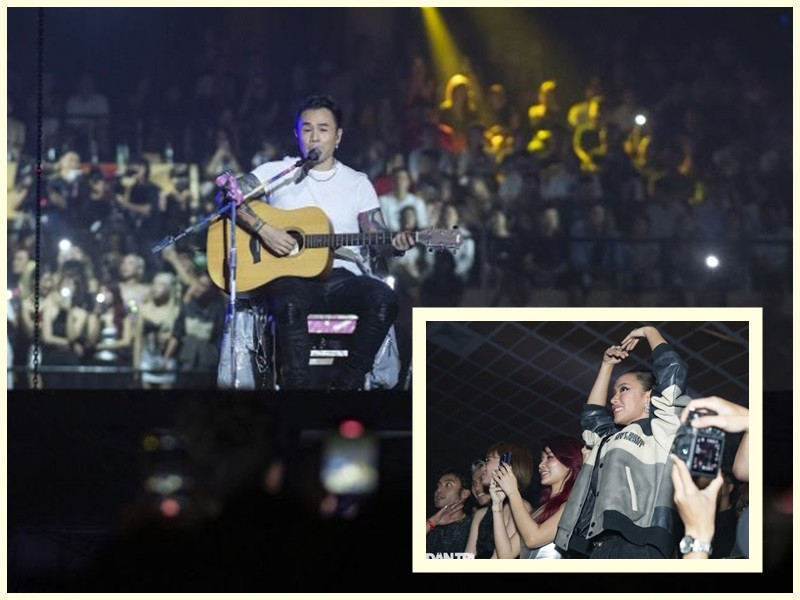 2 năm qua, dù lộ nhiều bằng chứng hẹn hò, rapper Binz và Châu Bùi không chính thức xác nhận là một cặp. Mới đây, trong một đêm diễn, Binz chia sẻ anh muốn dành tặng bài hát cho một người con gái đặc biệt đang có mặt dưới sân khấu. Ngay lập tức màn hình lớn xuất hiện hình ảnh Châu Bùi giơ tay thể hiện biểu tượng trái tim ở hàng ghế khán giả. Ảnh: Dân Trí