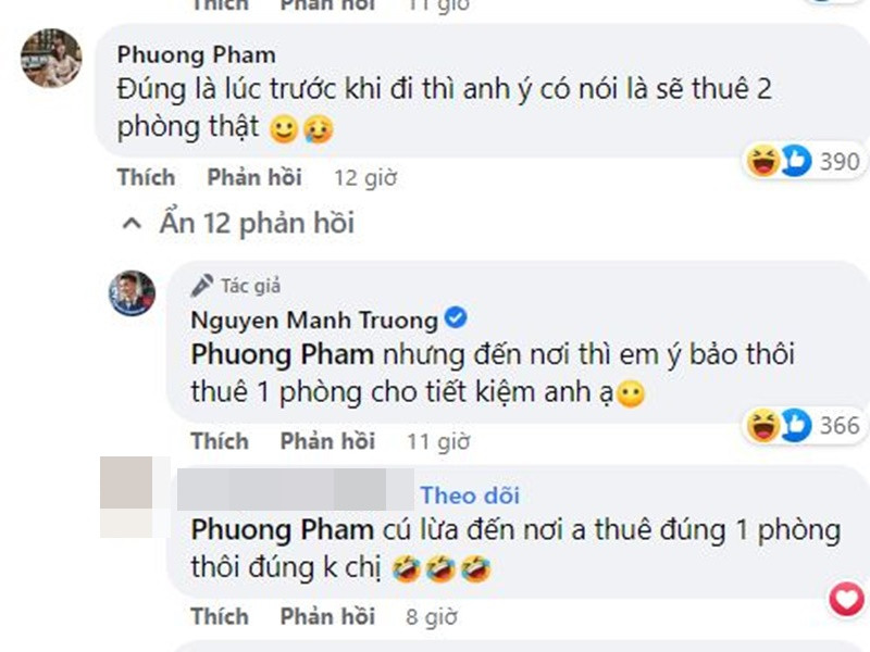 Theo Mạnh Trường, trong chuyến đi biển năm 2005, anh thuê 2 phòng. Tuy nhiên, nhiều bạn bè không tin nam diễn viên phim "Hương vị tình thân". Theo Lan Phương, trước khi đi, Mạnh Trường thực sự đã nói thuê 2 phòng. Đáp lời vợ, Mạnh Trường cho biết, đến nơi, Lan Phương lại quyết định thuê 1 phòng cho tiết kiệm.
