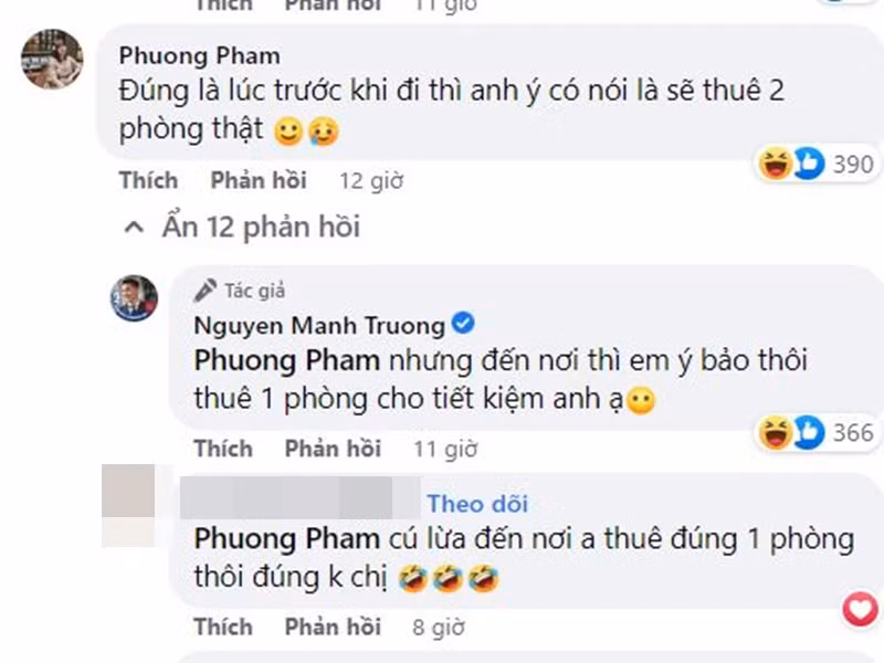 Theo Mạnh Trường, trong chuyến đi biển năm 2005, anh thuê 2 phòng. Tuy nhiên, nhiều bạn bè không tin nam diễn viên phim "Hương vị tình thân". Theo Lan Phương, trước khi đi, Mạnh Trường thực sự đã nói thuê 2 phòng. Đáp lời vợ, Mạnh Trường cho biết, đến nơi, Lan Phương lại quyết định thuê 1 phòng cho tiết kiệm.