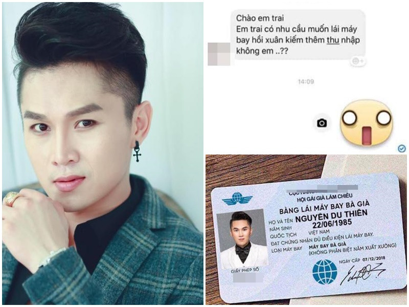 Du Thiên từng gây chú ý khi công khai tin nhắn bị gạ gẫm. Cụ thể, người gạ gẫm viết: "Chào em trai. Em trai có nhu cầu muốn lái máy bay hồi xuân kiếm thêm thu nhập không em?". Du Thiên đáp lại: "Có vụ lái máy bay nữa hả chị". Ngoài ra, nam ca sĩ còn chế bằng "lái máy bay bà già" và viết: "Bằng thì cấp từ 07/12/2018 mà đợt này phong độ sa sút quá nên em sợ chóng mặt". Ảnh: Bảo vệ công lý