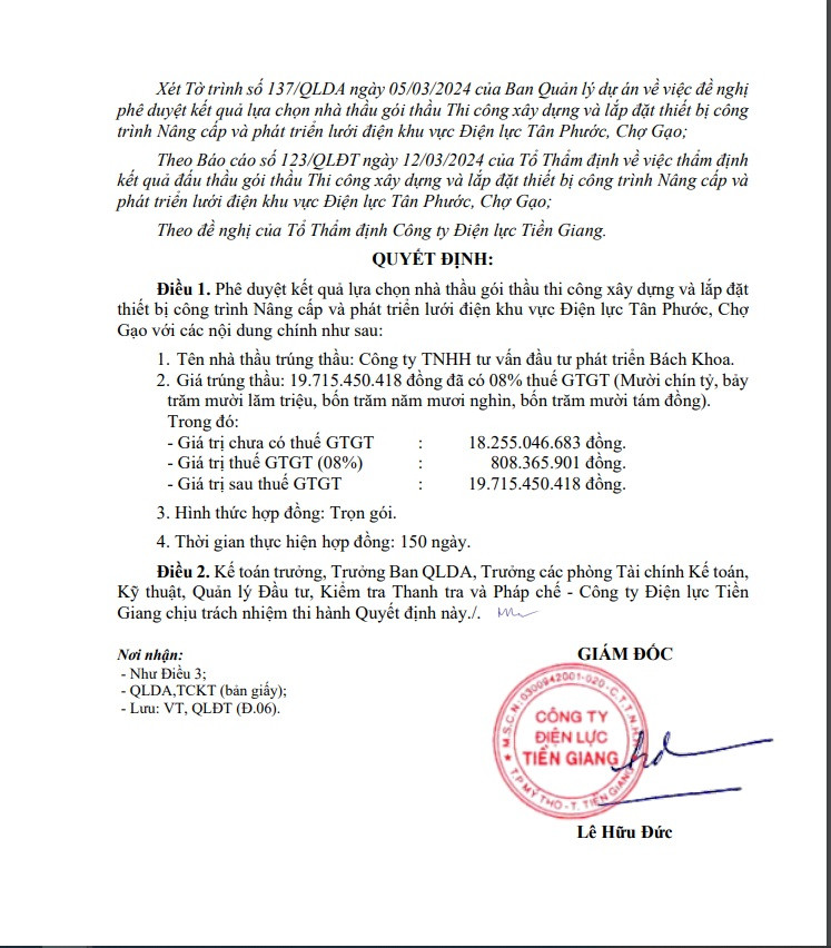 Công ty Bách Khoa: 1 tháng trúng 6 gói thầu tại Điện lực Tiền Giang Cong ty Bach Khoa: 1 thang trung 6 goi thau tai Dien luc Tien Giang