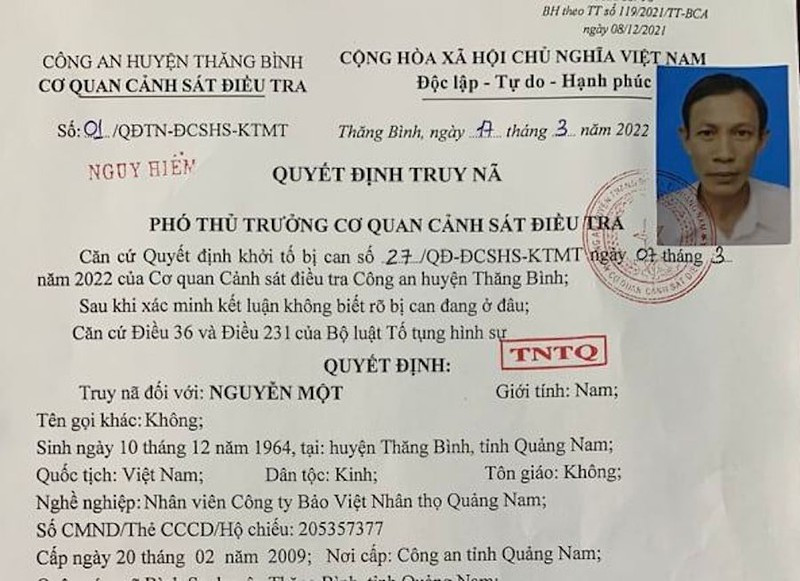  Truy nã nhân viên bảo hiểm lừa tiền khách hàng: Ngày 18/3, Công an huyện Thăng Bình, Quảng Nam cho biết vừa ra quyết định truy nã bị can đối với Nguyễn Một (58 tuổi, ngụ huyện Thăng Bình) về hành vi lừa đảo chiếm đoạt tài sản. Một đã đưa thông tin gian dối, lừa nhiều khách hàng đóng tiền bảo hiểm trước hạn để được khuyến mãi để chiếm đoạt tài sản. 
