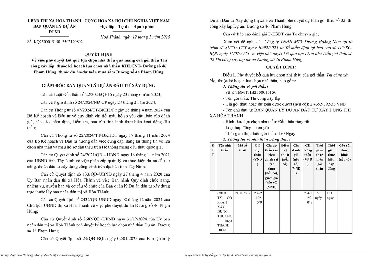 Tây Ninh: Một mình tham dự, Cty Thanh Điền trúng gói thầu xây dựng gần 2,5 tỷ Tay Ninh: Mot minh tham du, Cty Thanh Dien trung goi thau xay dung gan 2,5 ty