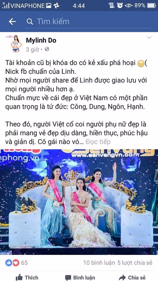 Người hâm mộ khó lòng có thể biết được đâu là thật và đâu là giả khi đọc những dòng chia sẻ với nội dung như thế này :"Tài khoản cũ bị khóa do có kẻ xấu phá hoại, nick fb chuẩn của Linh. Nhờ mọi người share để Linh được giao lưu với mọi người nhiều hơn ạ…” Khá nhiều người đã bị lừa, nhanh tay like cũng như chia sẻ Facebook giả mạo mang tên Tân hoa hậu Đỗ Mỹ Linh.
