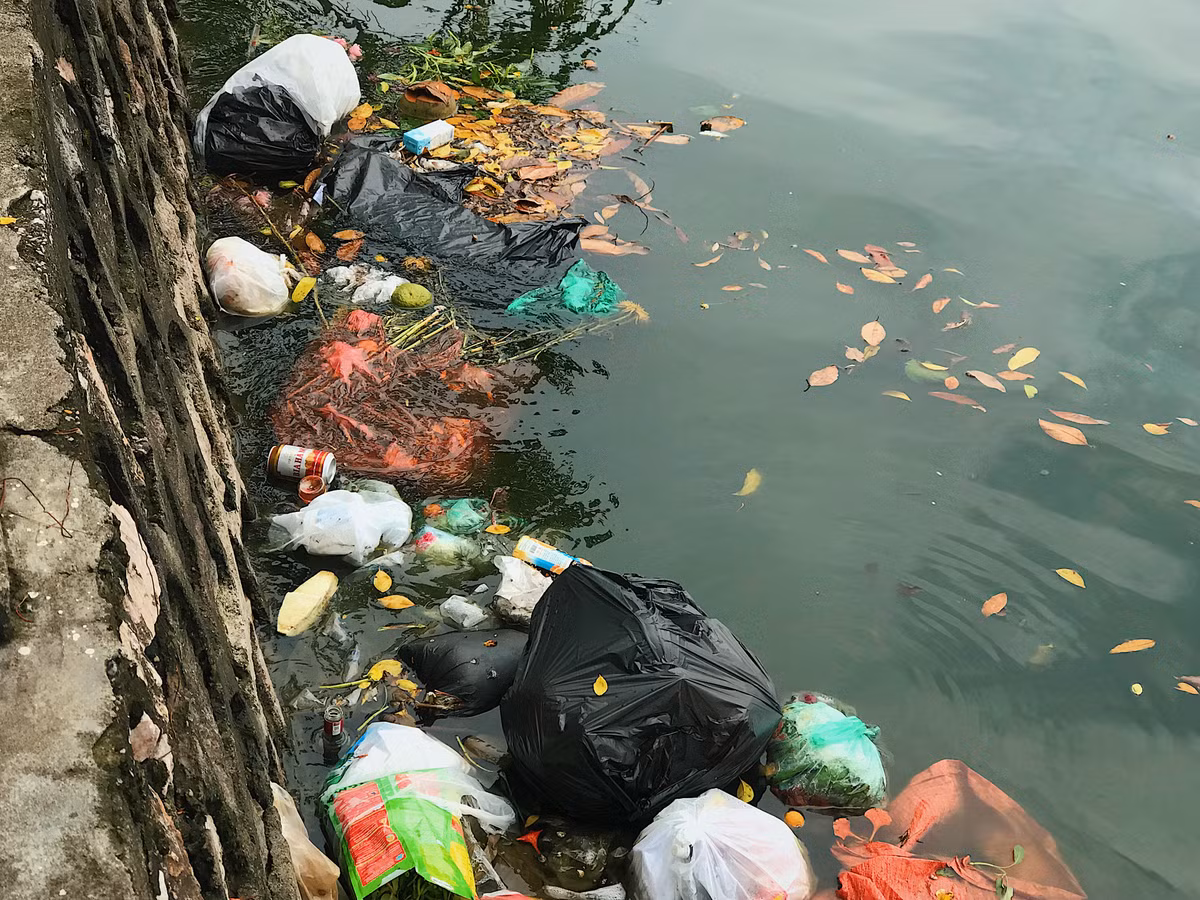Các bọc rác từ to đến nhỏ, đủ loại bị những người dân vô ý thức thẳng tay vứt xuống hồ.