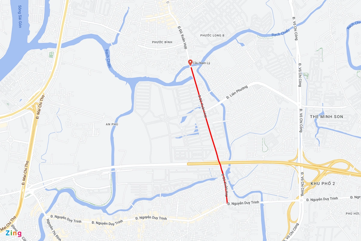 Đỗ Xuân Hợp là tuyến đường quan trọng kết nối quận 9 và quận 2 cũ, được quy hoạch mở rộng để giảm tình trạng ùn tắc, đáp ứng nhu cầu đi lại của cư dân trong khu vực. Ảnh: Google Maps. *(Tiêu đề đã được BTV đặt lại)